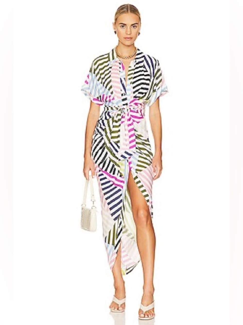 Le Superbe Miko Multicolor Striped Tie-Waist Midi Dress Sz 2